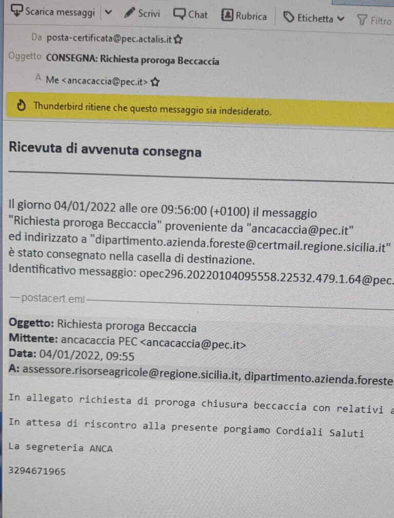 PROPOSTA DI CHIUSURA DELLA CACCIA ALLA BECCACCIA IL 31 GENNAIO. Liberi Cacciatori Siciliani